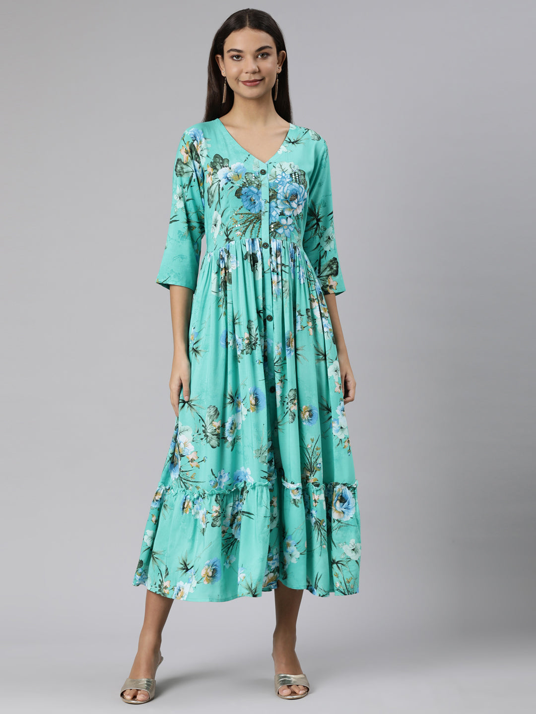 Neerus Green rayon printed dress - front view