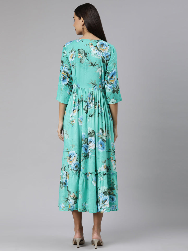 Neerus Green rayon printed dress - side view