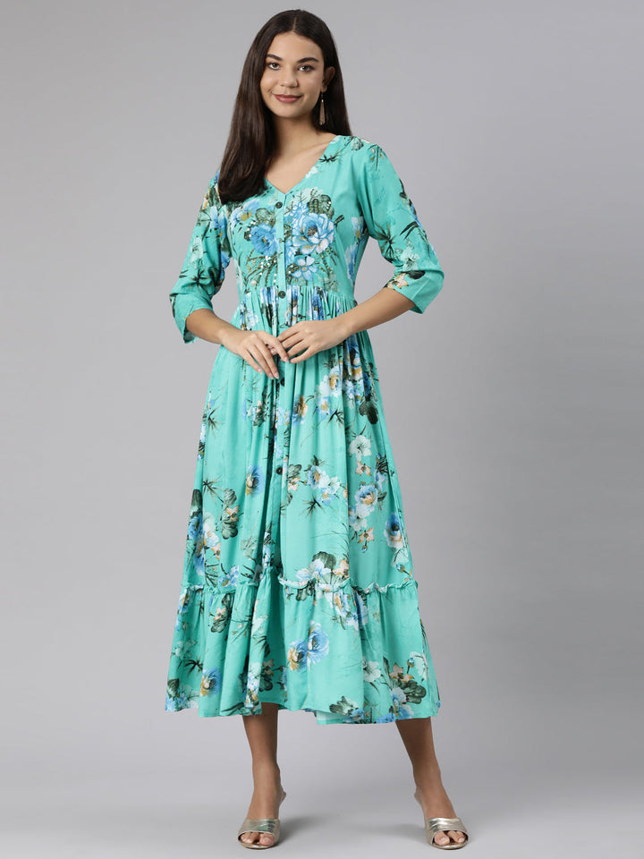 Neerus Green rayon printed dress - detail view 2