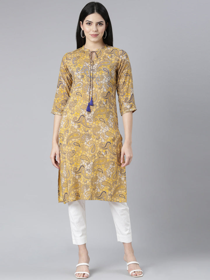 Neerus Yellow rayon printed straight kurti - front view