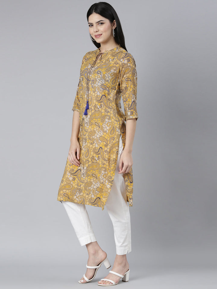 Neerus Yellow rayon printed straight kurti - back view