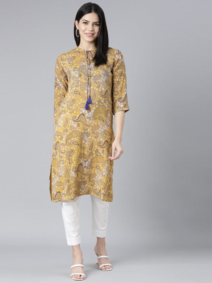 Neerus Yellow rayon printed straight kurti - detail view 2