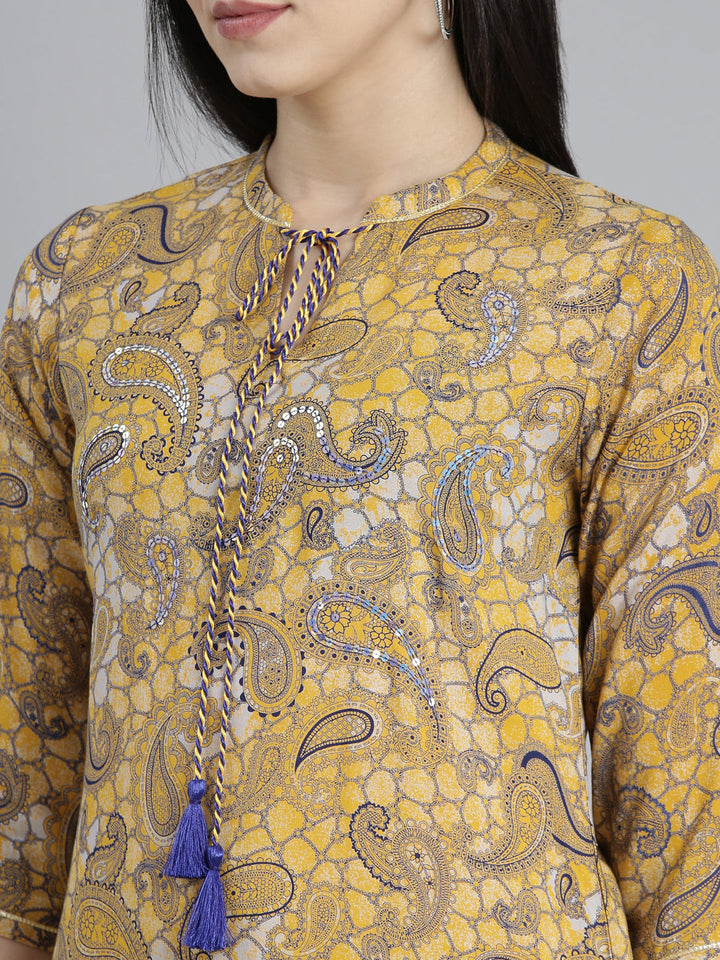 Neerus Yellow rayon printed straight kurti - detail view 1