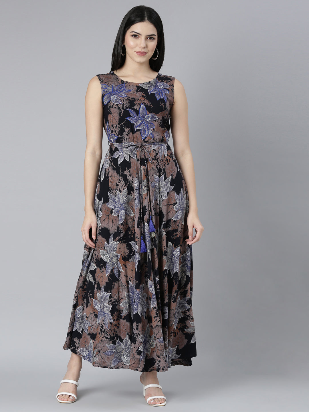 Neerus Blue printed floral flared dress - front view