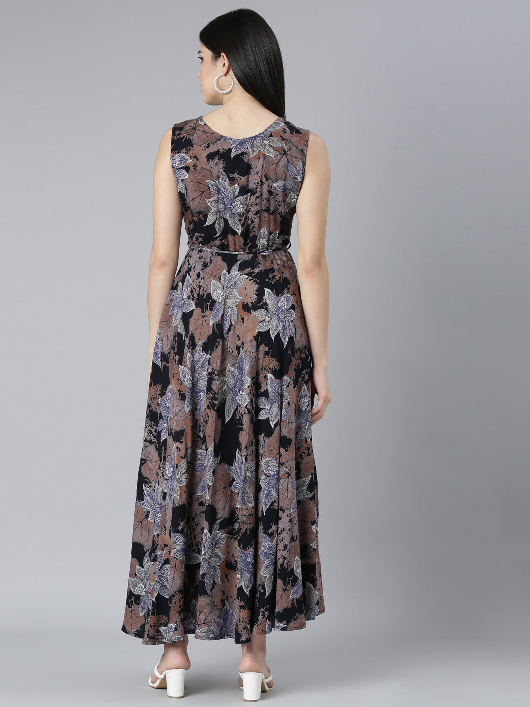 Neerus Blue printed floral flared dress - side view