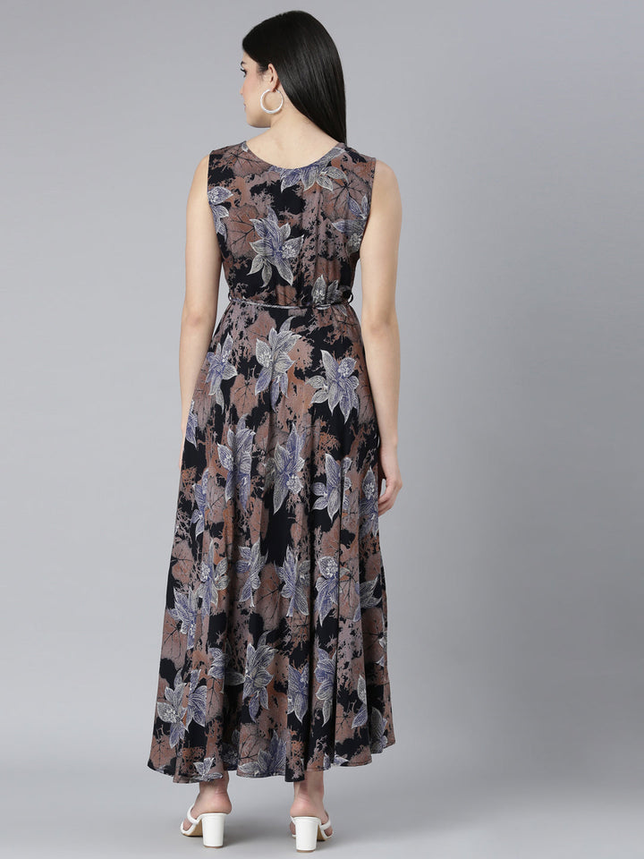 Neerus Blue printed floral flared dress - side view