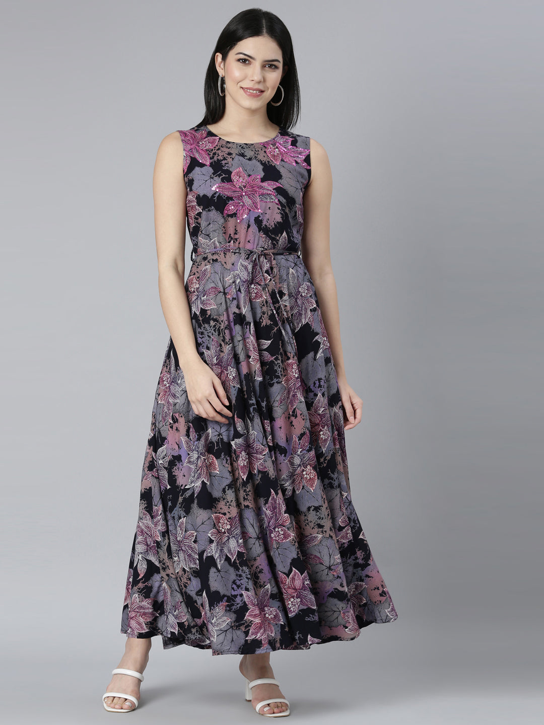 Neerus Grey floral printed fit and flare dress - front view