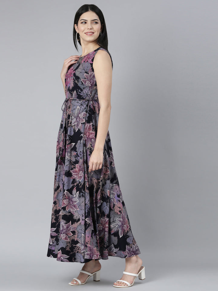 Neerus Grey floral printed fit and flare dress - back view