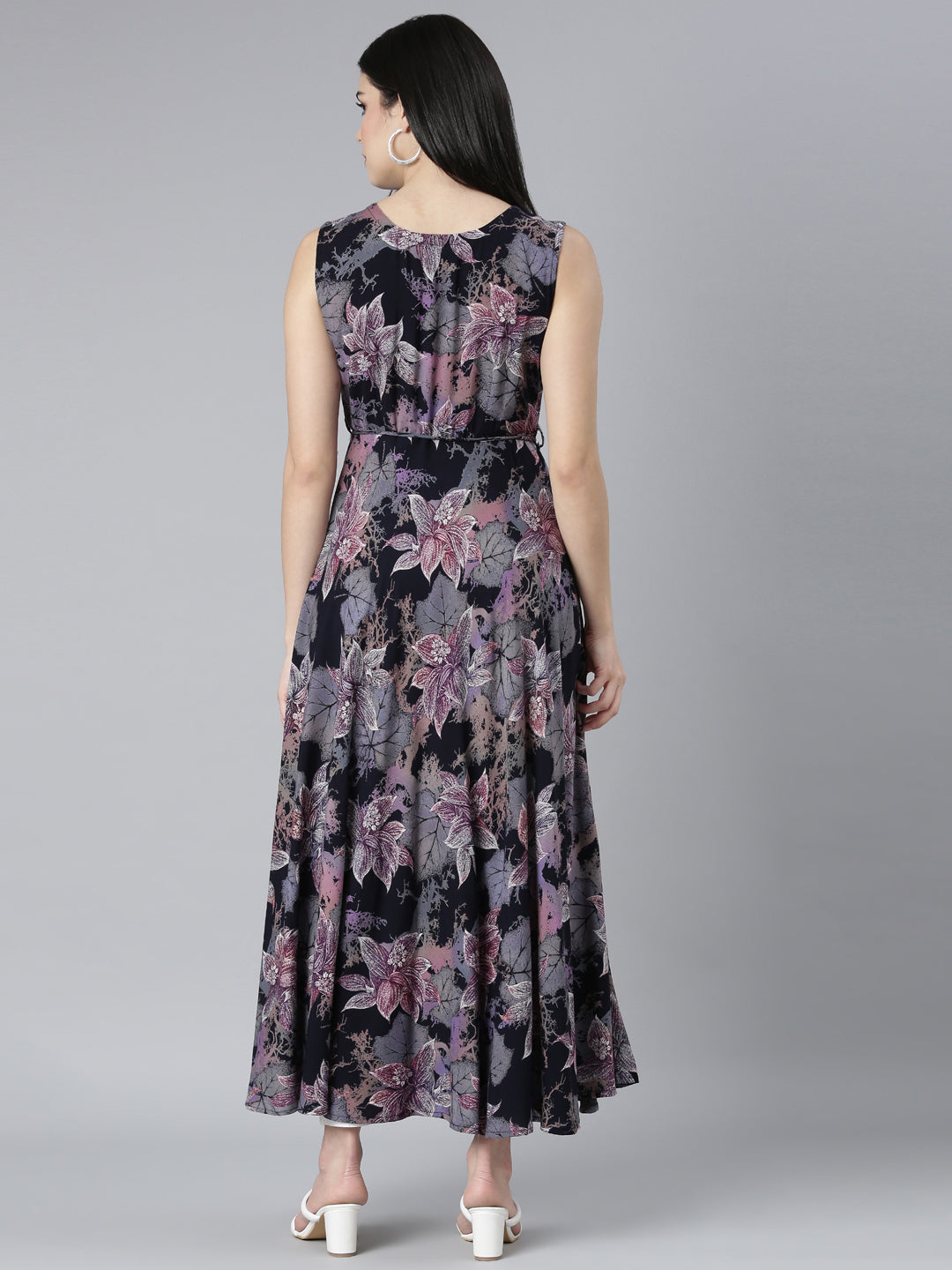 Neerus Grey floral printed fit and flare dress - side view