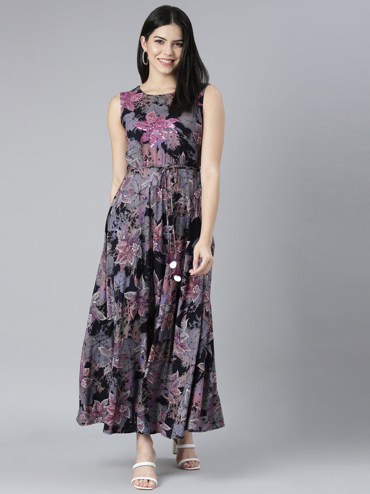 Neerus Grey floral printed fit and flare dress - detail view 2