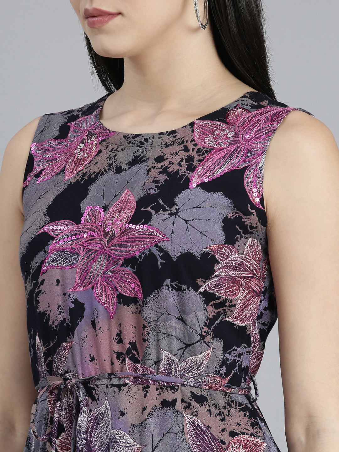 Neerus Grey floral printed fit and flare dress - detail view 1