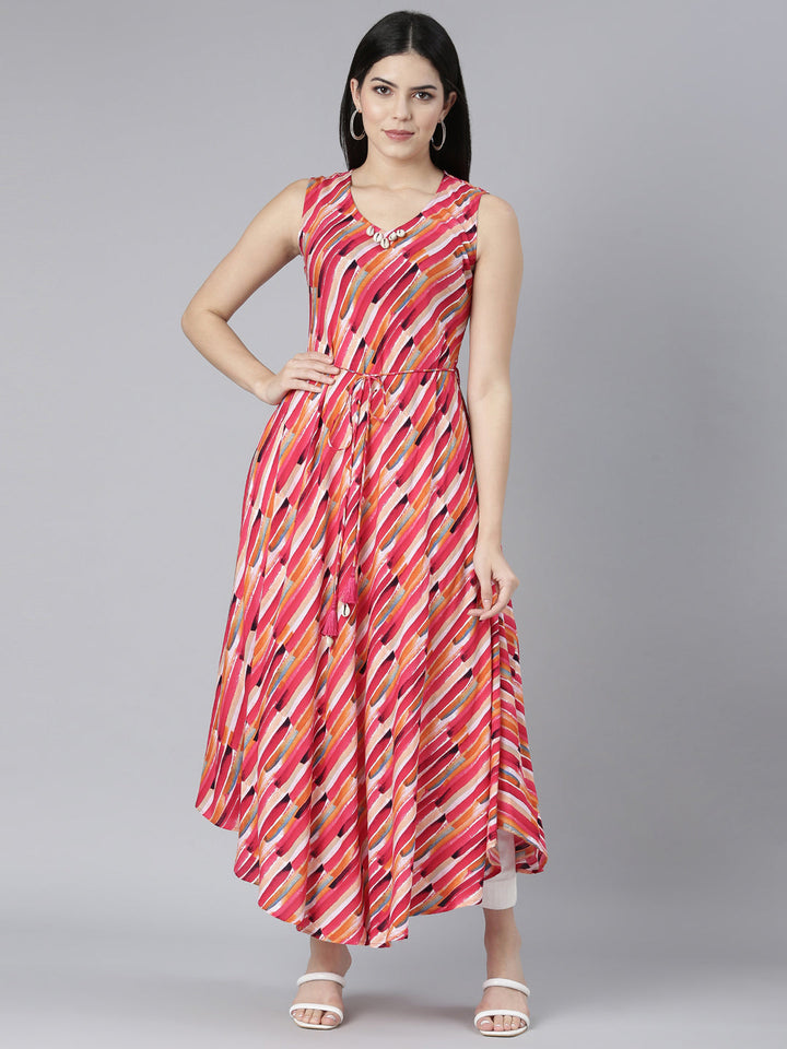Neerus Pink rayon printed high-low dress - front view