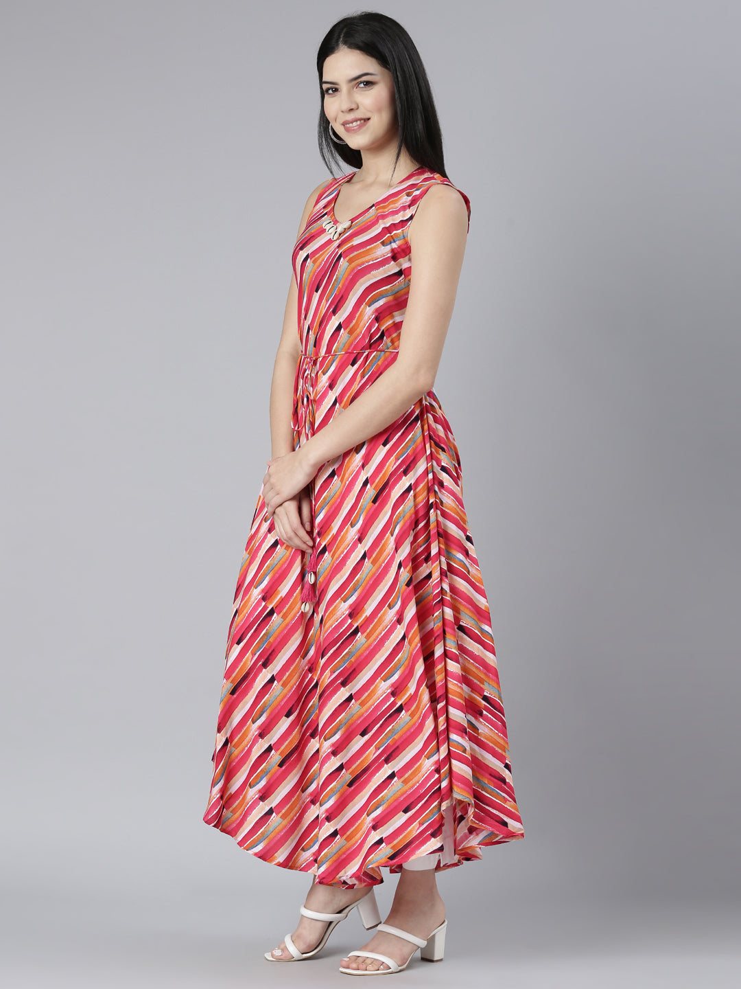 Neerus Pink rayon printed high-low dress - back view