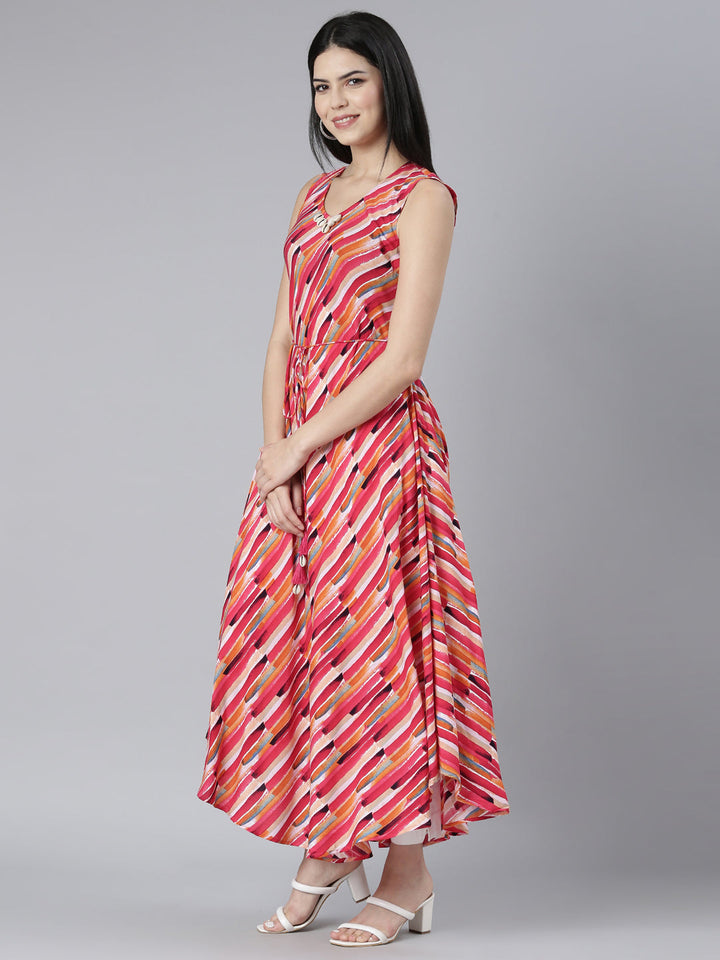 Neerus Pink rayon printed high-low dress - back view