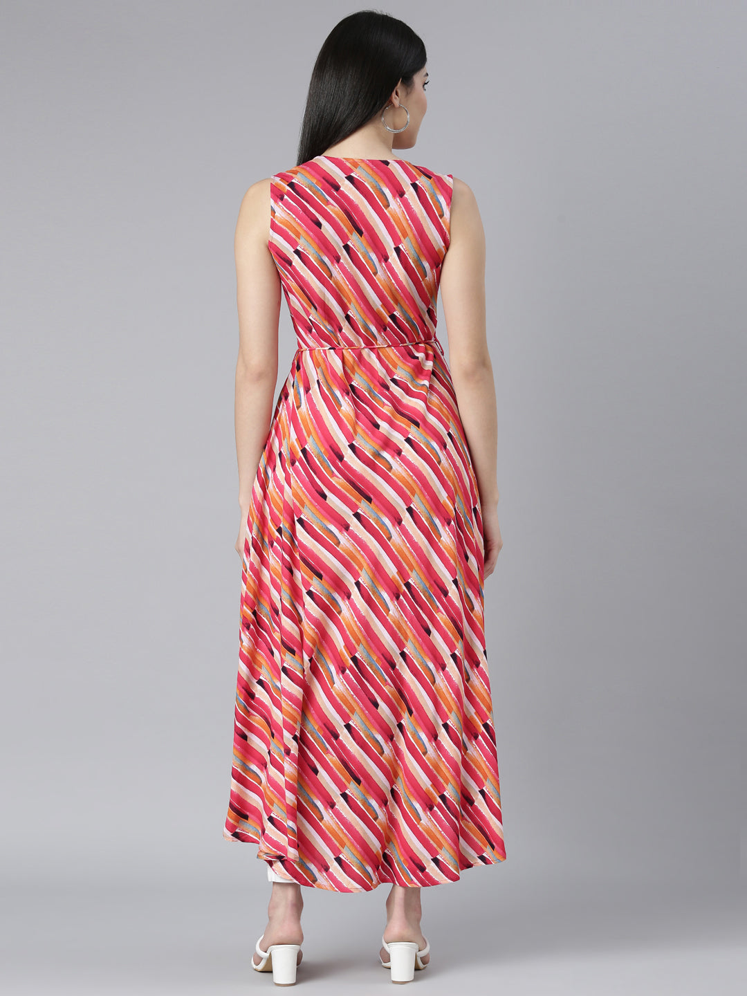 Neerus Pink rayon printed high-low dress - side view