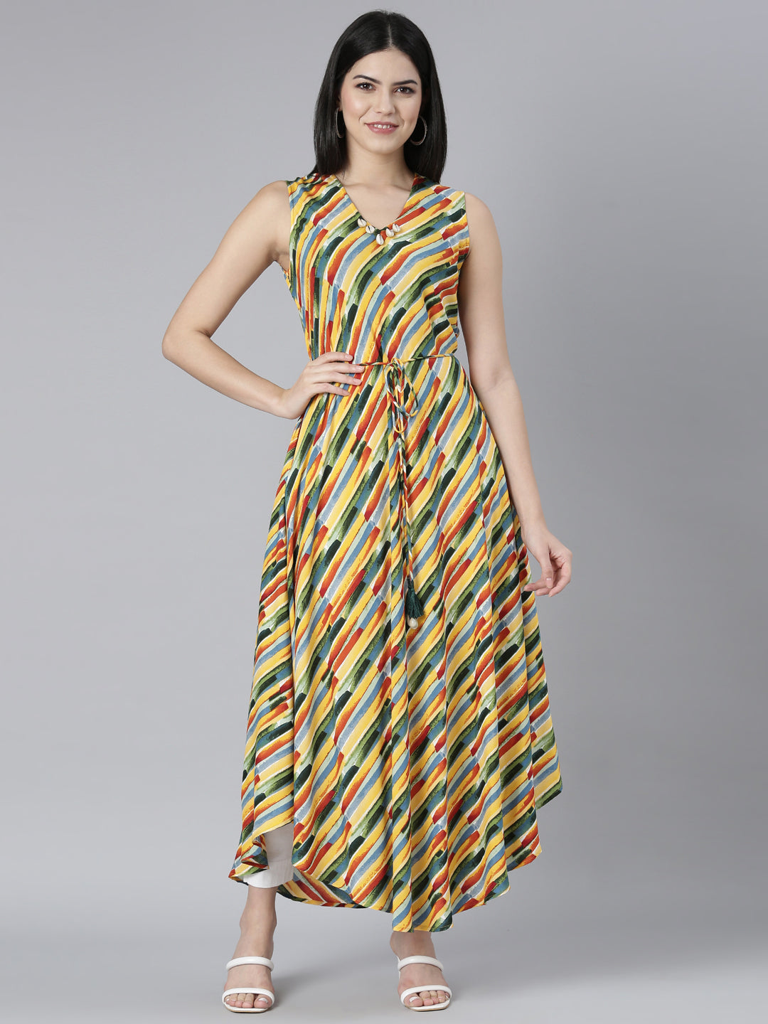 Neerus Yellow rayon printed high-low fit and flare dress - front view