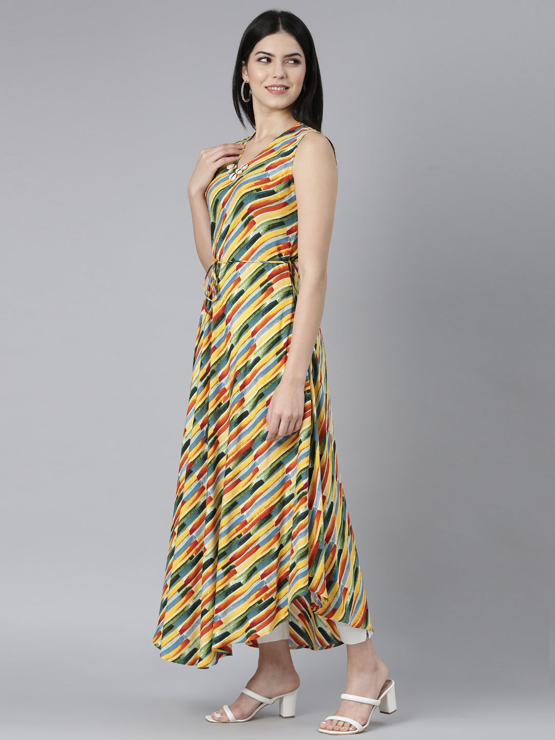 Neerus Yellow rayon printed high-low fit and flare dress - back view