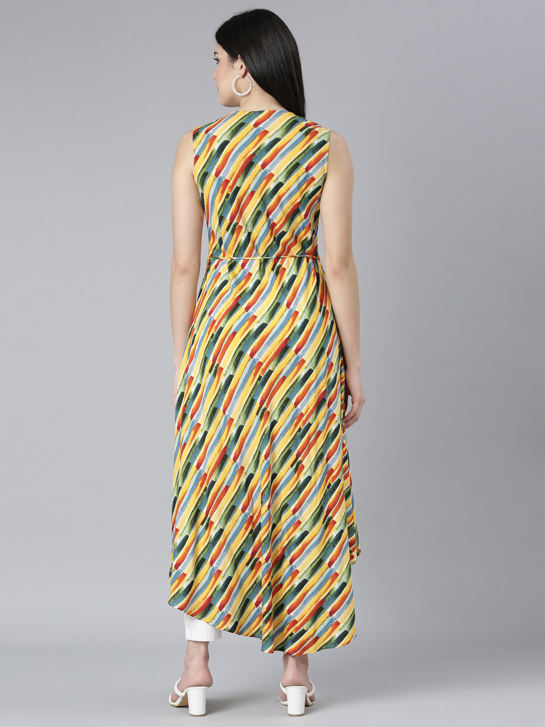 Neerus Yellow rayon printed high-low fit and flare dress - side view
