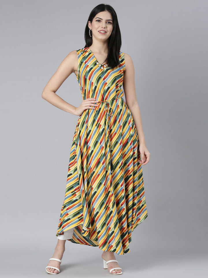 Neerus Yellow rayon printed high-low fit and flare dress - detail view 2