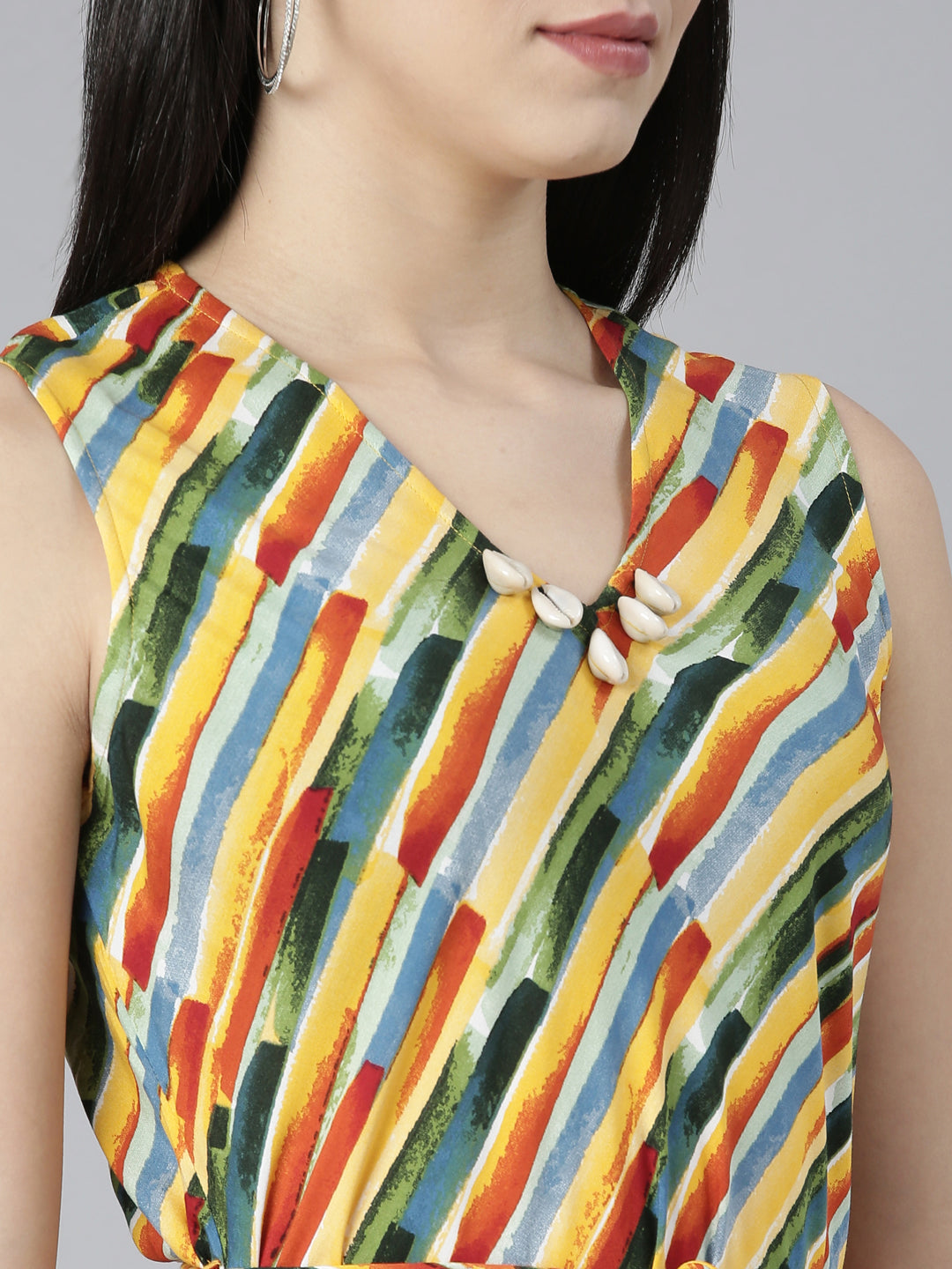 Neerus Yellow rayon printed high-low fit and flare dress - detail view 1