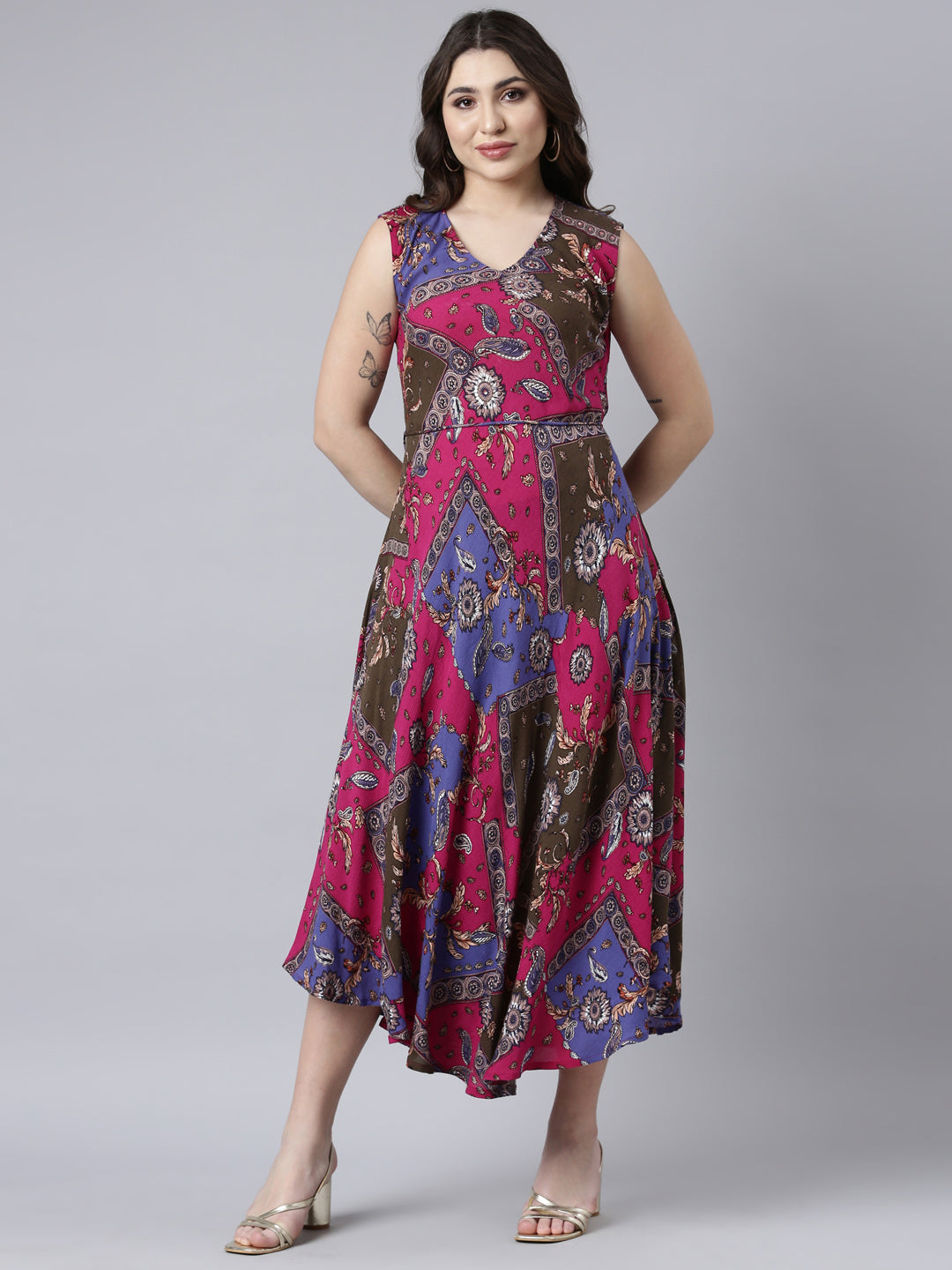 Neerus Multi floral printed high-low A-line dress - detail view 2