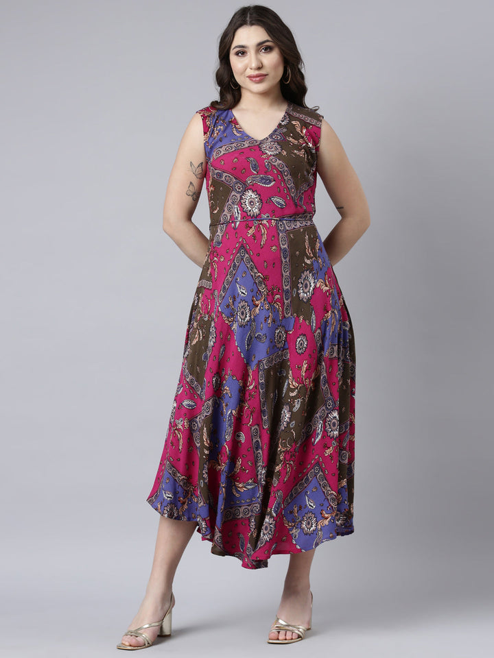 Neerus Multi floral printed high-low A-line dress - detail view 2
