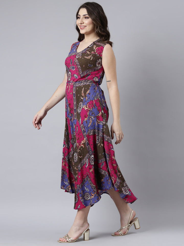 Neerus Multi floral printed high-low A-line dress - back view