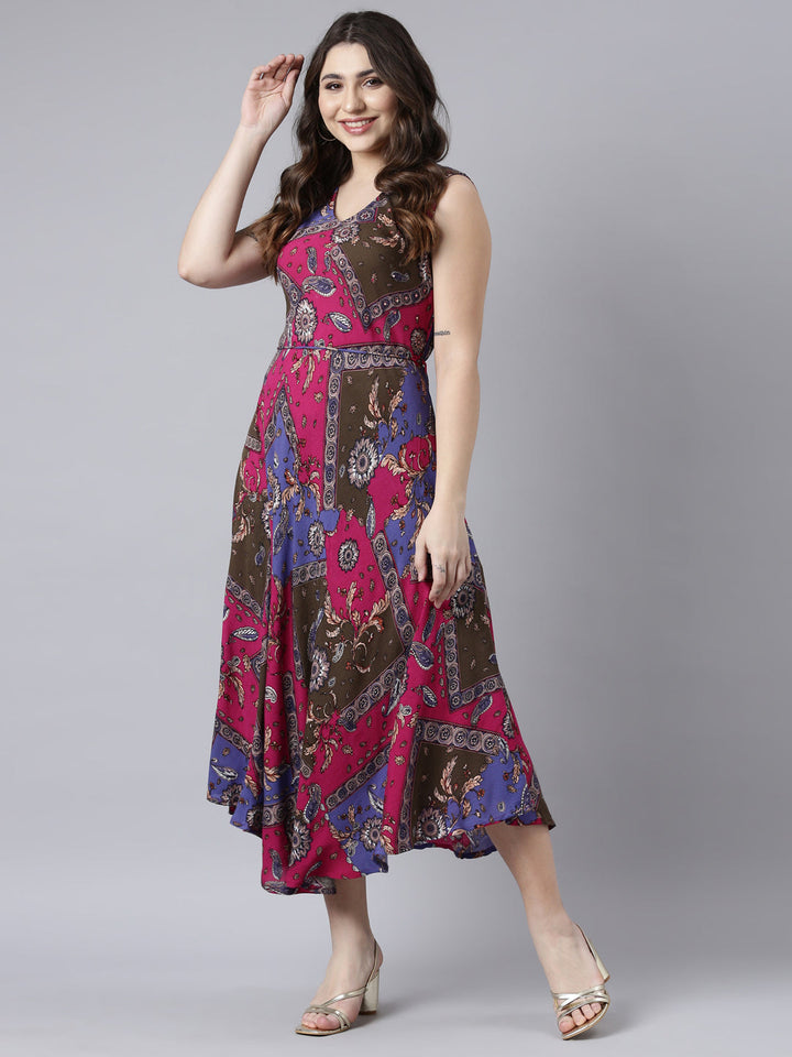 Neerus Multi floral printed high-low A-line dress - front view