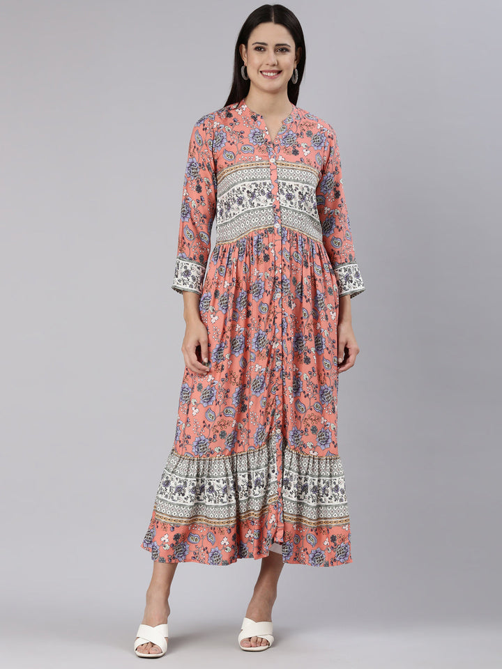 Neerus Coral Straight Casual Floral Dress