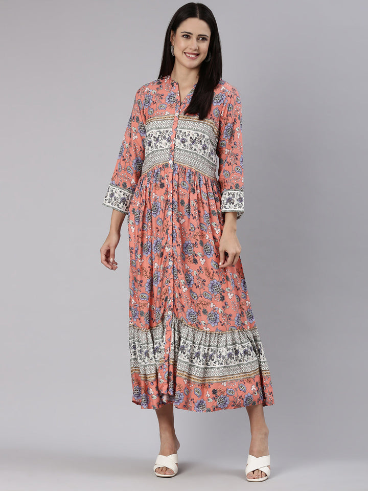 Neerus Coral Straight Casual Floral Dress