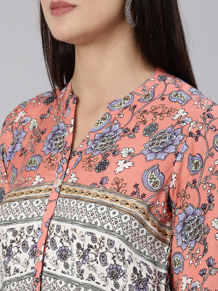 Neerus Coral Straight Casual Floral Dress