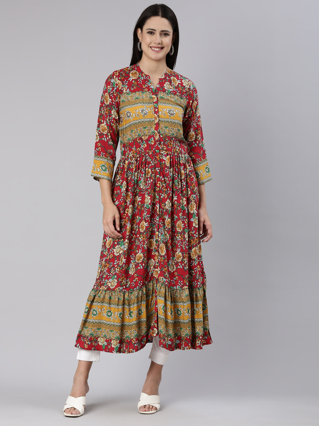 Neerus Red rayon printed floral straight dress - front view