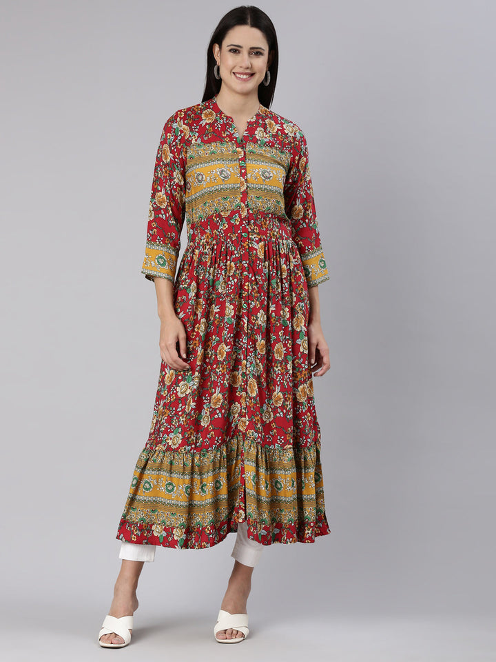 Neerus Red rayon printed floral straight dress - front view