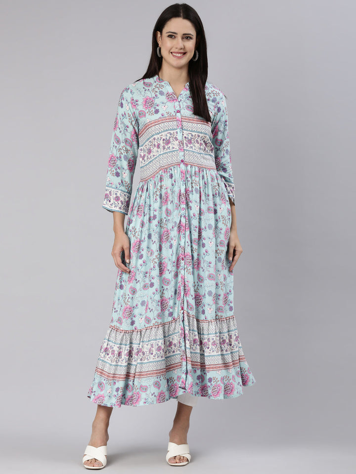 Neerus Blue rayon printed straight dress - front view