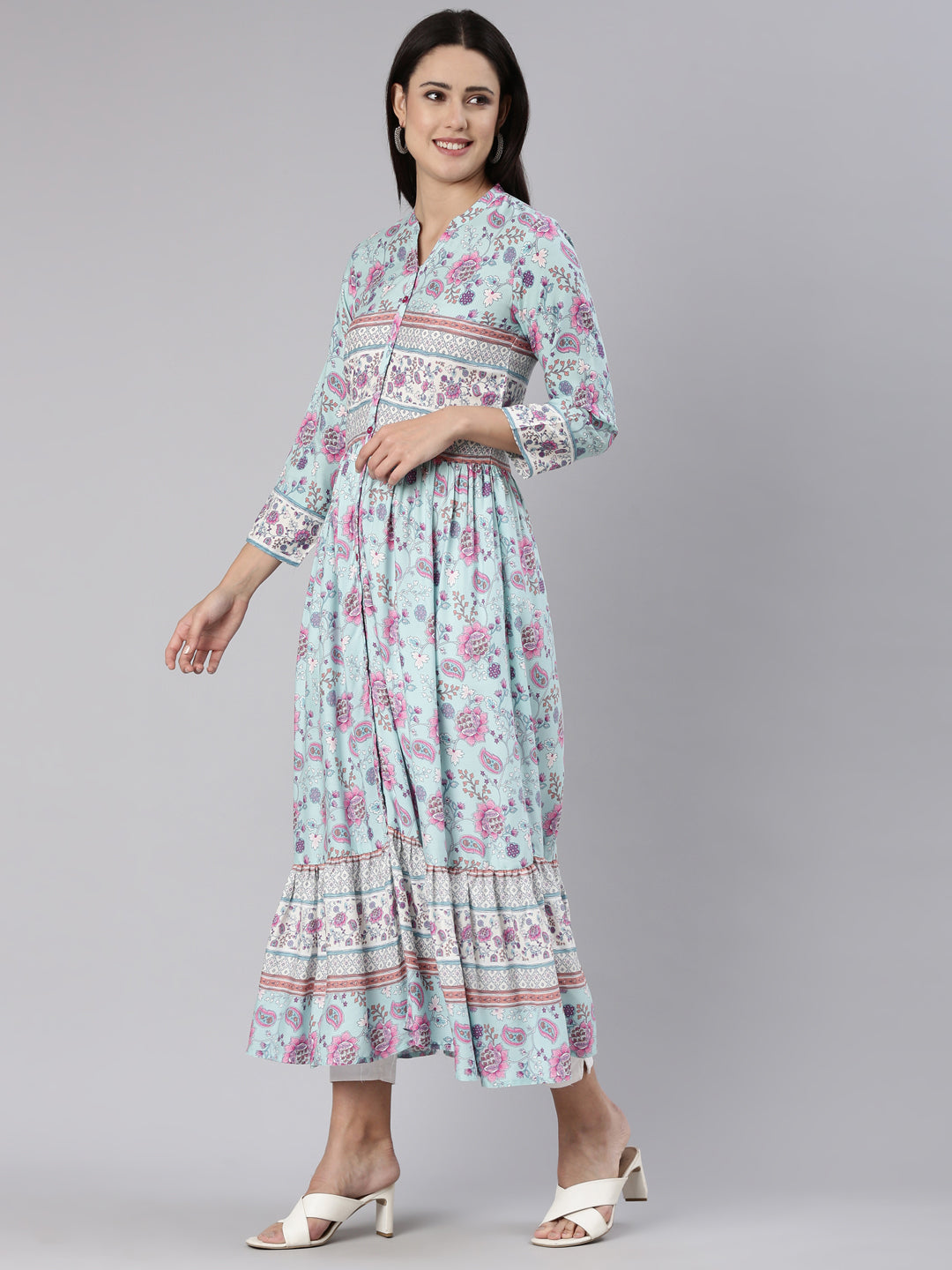 Neerus Blue rayon printed straight dress - back view