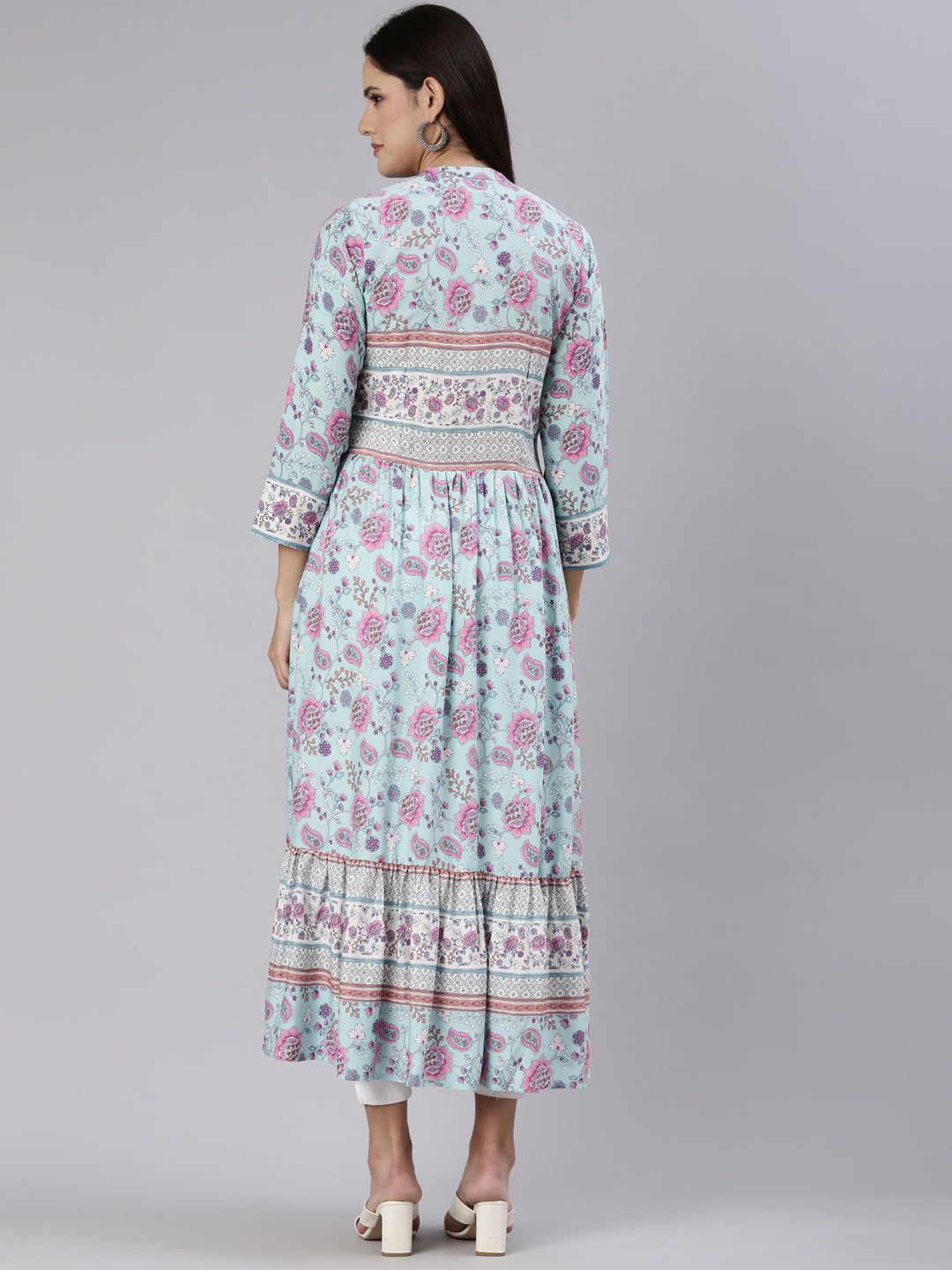 Neerus Blue rayon printed straight dress - side view
