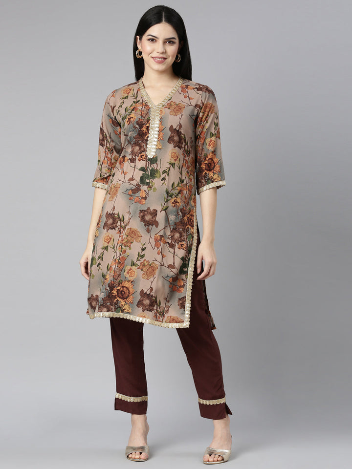 Neerus Beige rayon printed kurta set - front view