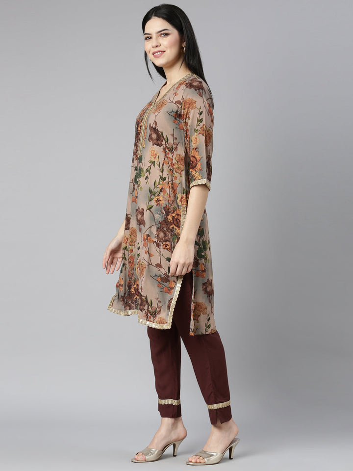 Neerus Beige rayon printed kurta set - back view