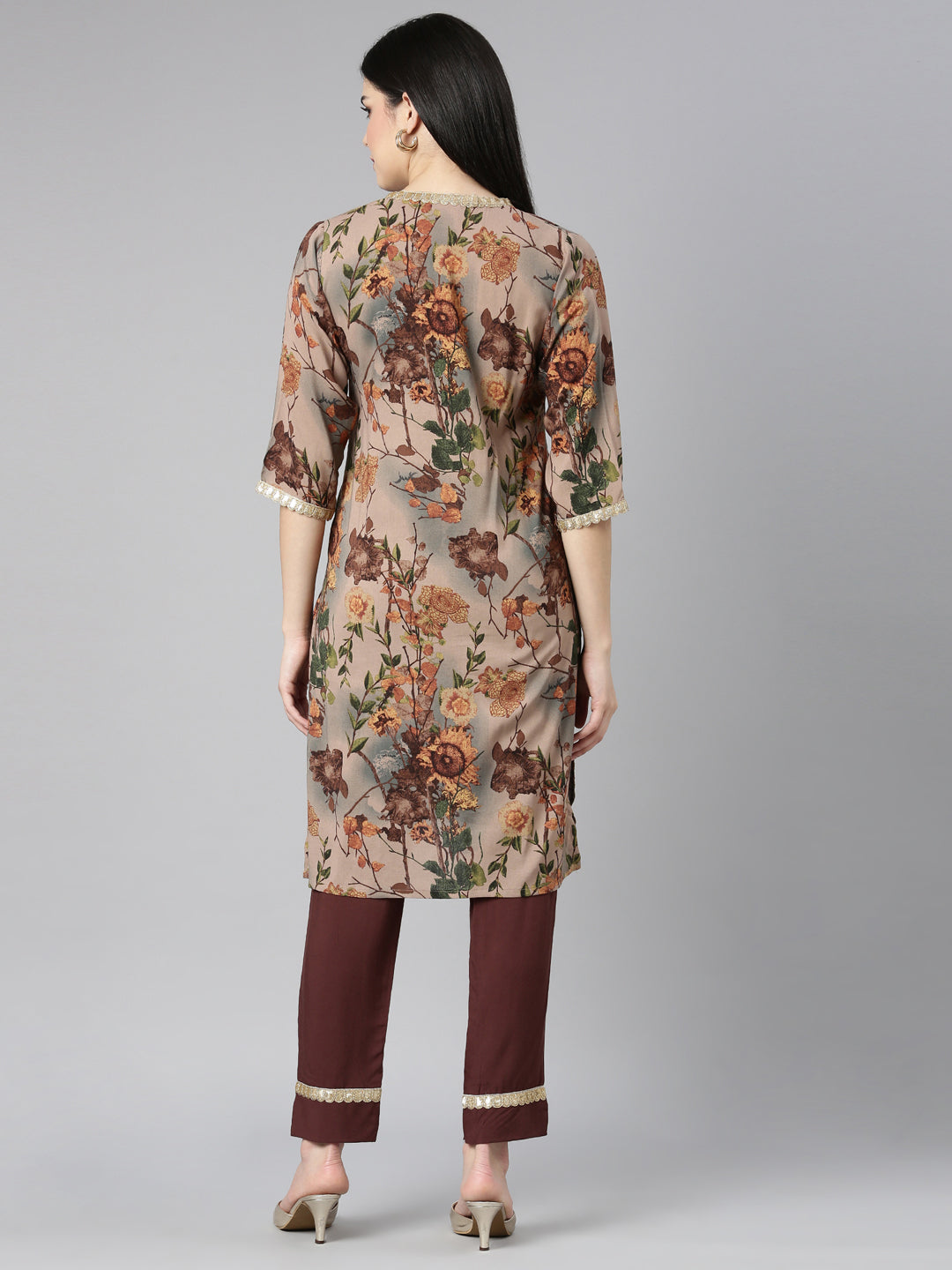 Neerus Beige rayon printed kurta set - side view