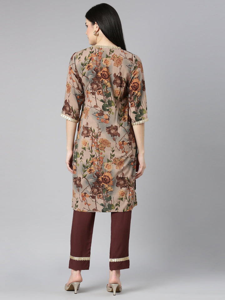 Neerus Beige rayon printed kurta set - side view