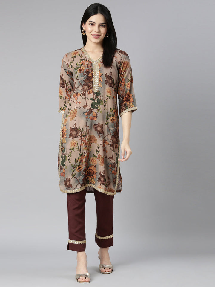 Neerus Beige rayon printed kurta set - detail view 2