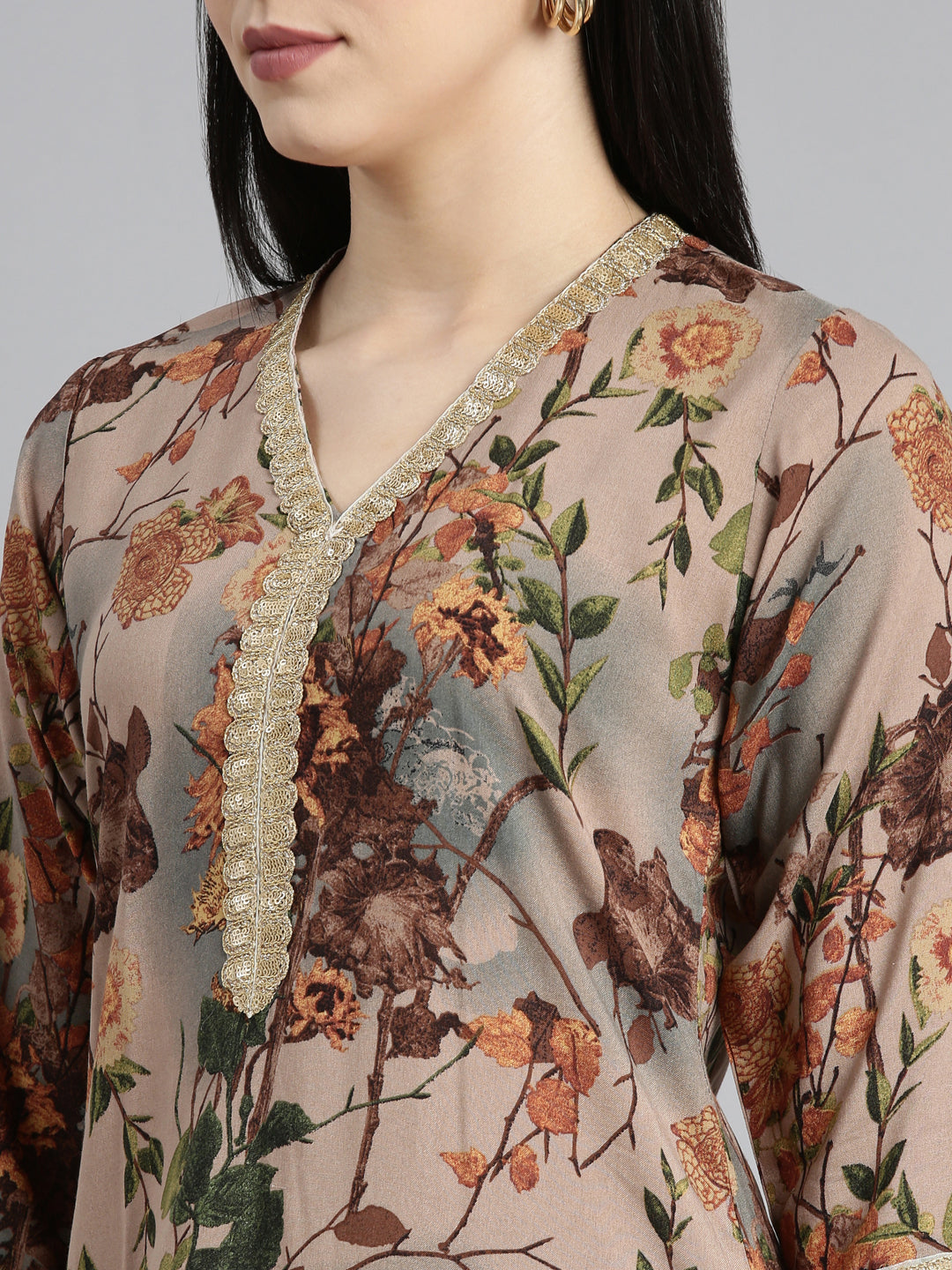 Neerus Beige rayon printed kurta set - detail view 1