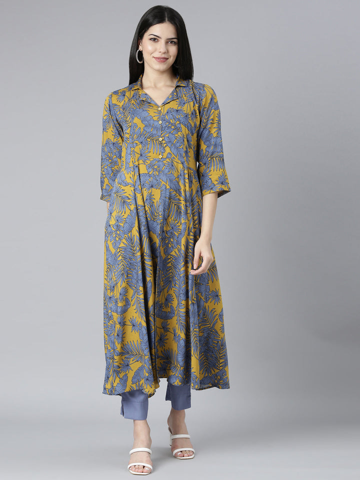 Neerus Yellow rayon printed kurta set with trousers - front view