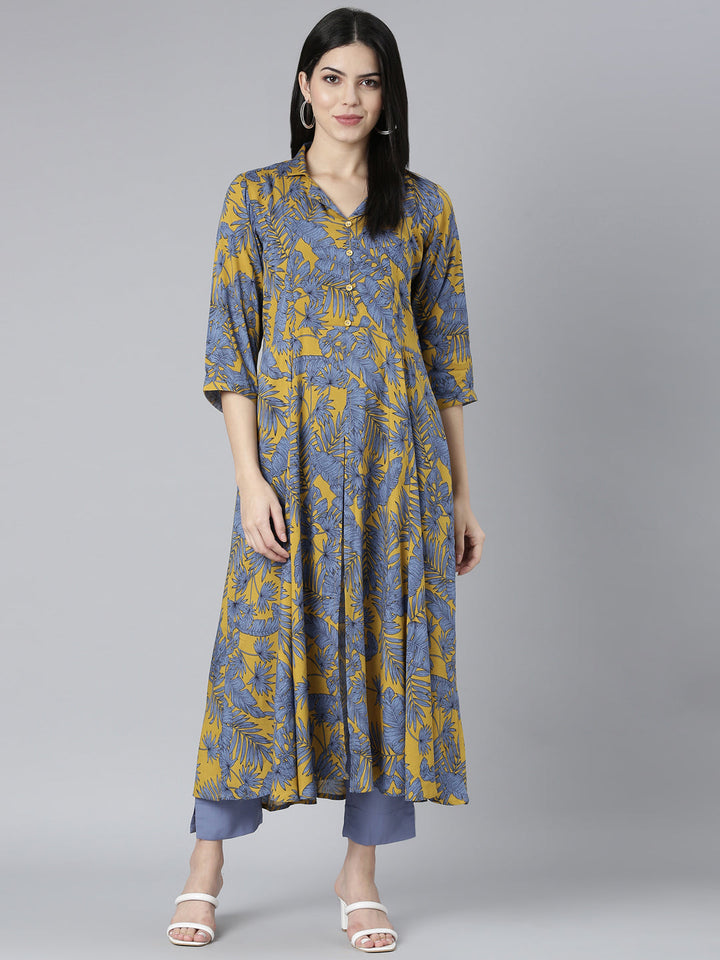 Neerus Yellow rayon printed kurta set with trousers - detail view 2