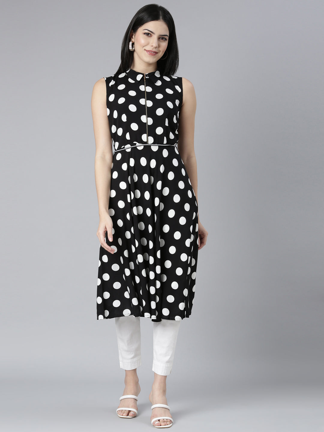 Neerus Black rayon printed kurti - front view