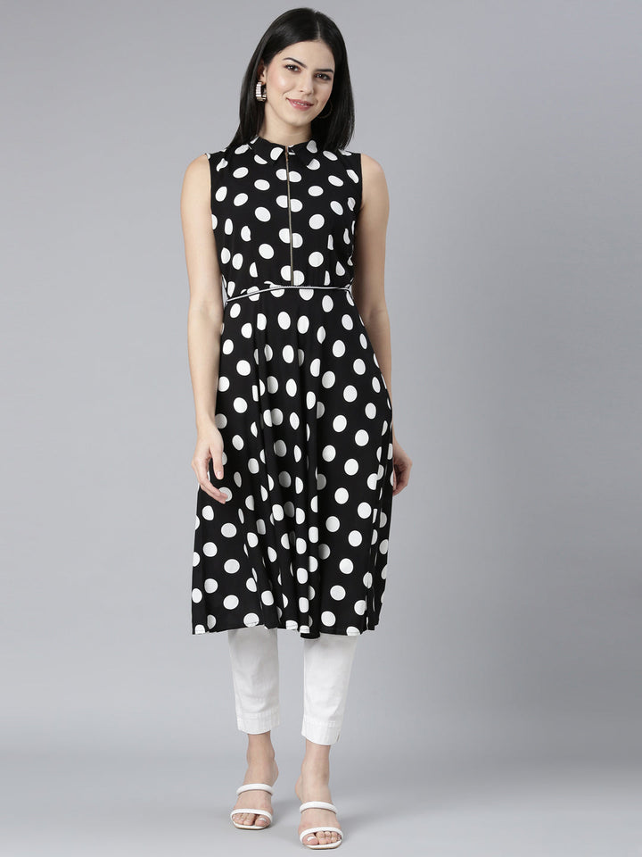 Neerus Black rayon printed kurti - front view