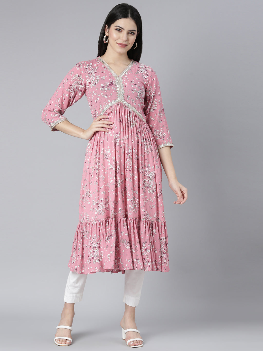 Neerus Pink slub cotton printed maxi dress - front view