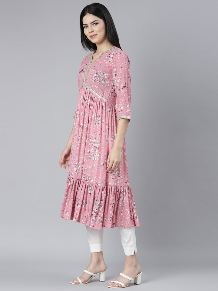 Neerus Pink slub cotton printed maxi dress - back view