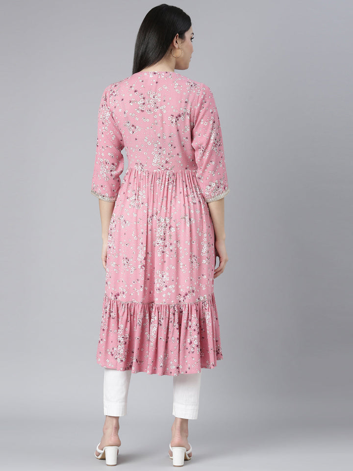 Neerus Pink slub cotton printed maxi dress - side view