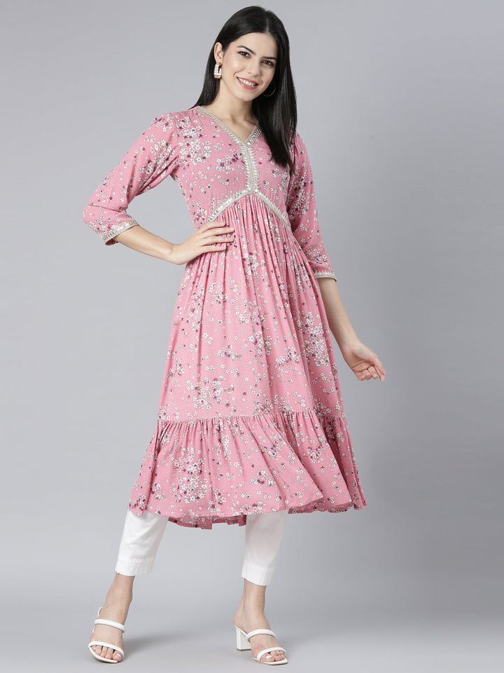 Neerus Pink slub cotton printed maxi dress - detail view 2
